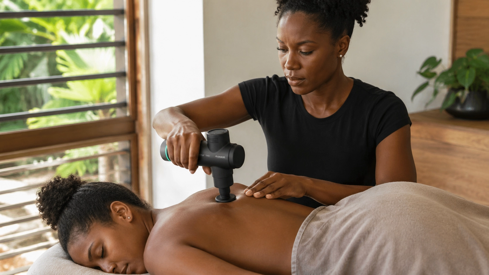 Kinésithérapeute utilisant un Hypervolt GO pour un massage musculaire