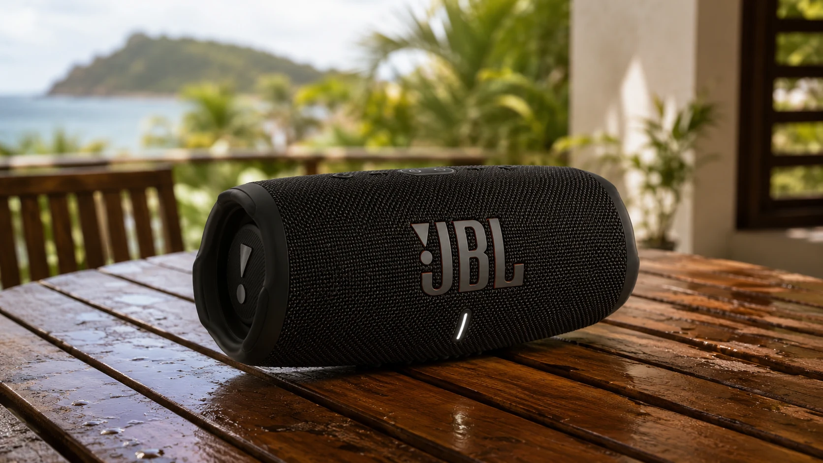 Enceinte Bluetooth JBL Charge 5 utilisée en extérieur en Martinique